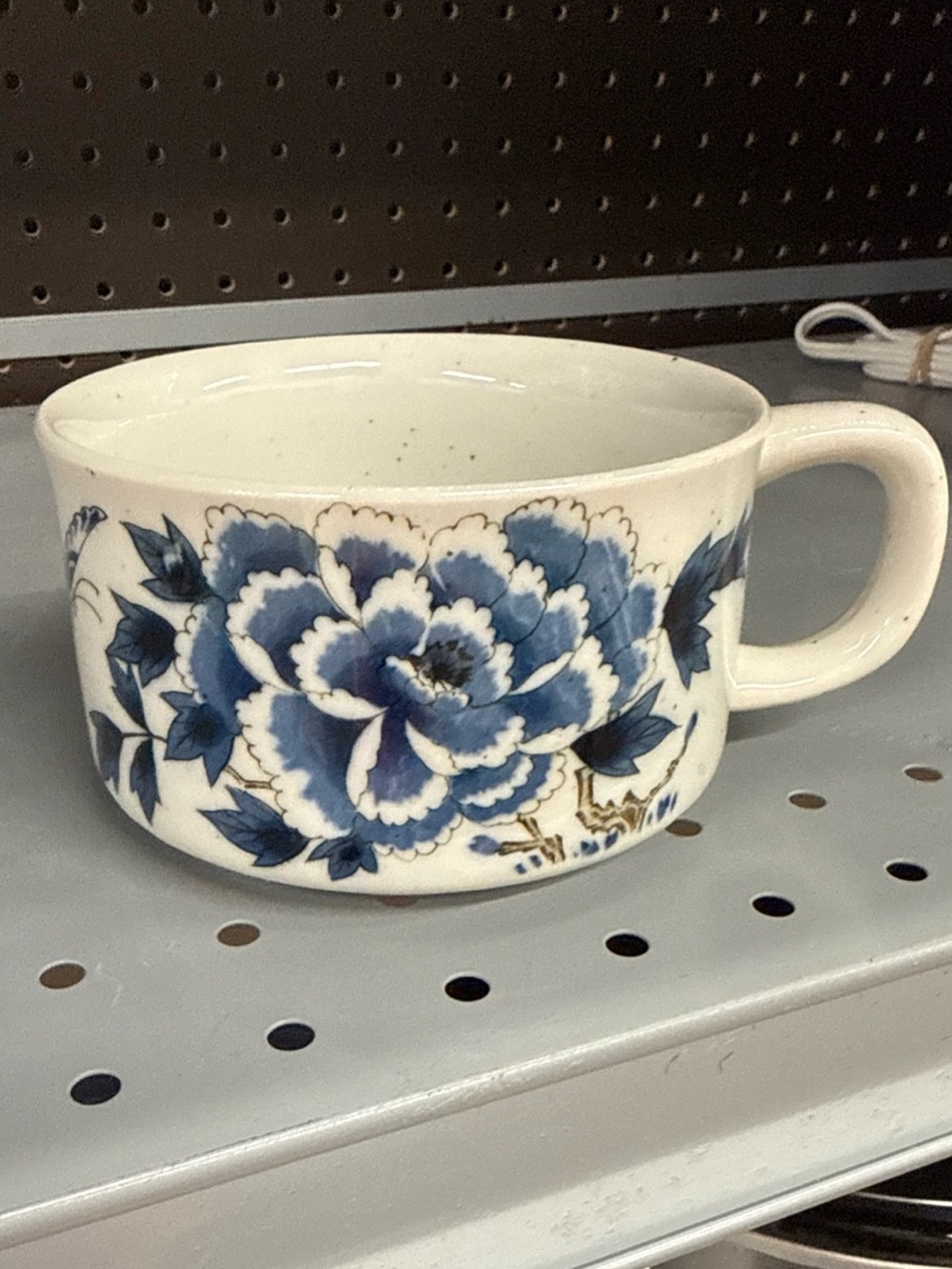 Otagiri? Speckled Soup Mug Blue Butterfly and Flowers On Light Background